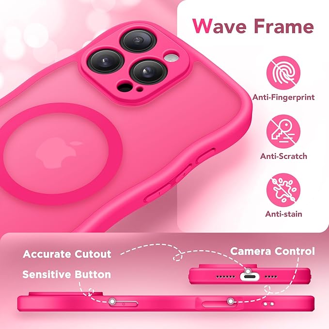 CAPRARO for iPhone 16 Pro Max Case for Women Girls, Upgraded [Full Camera Protection] [Compatible with MagSafe] Cute Wave Translucent Matte Phone Case for iPhone 16 Pro Max, Hot Pink
