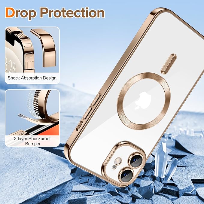 Hython Magnetic Clear for iPhone 12 Case with Camera Lens Protector [Compatible with MagSafe] Luxury Plating Edge Slim Soft TPU Cover Protective Phone Case for iPhone 12 6.1", Desert Brown
