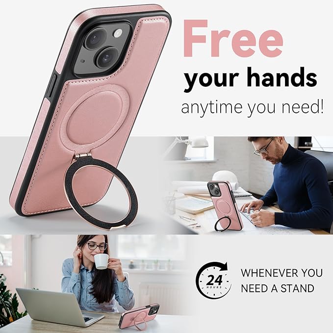 for iPhone 14 Plus Case with Stand Compatible with Magsafe Slim PU Leather & Durable TPU Drop Proof Magnetic Kickstand Protective Cover with Tempered Glass Screen Protector 6.7", Rose Gold