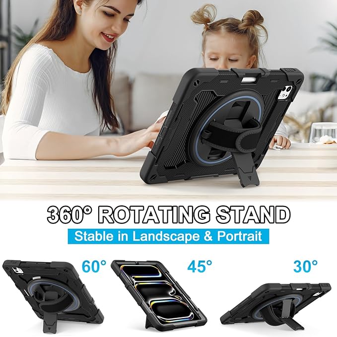 iPad Pro 11 Inch Case M5 2025/M4 2024, Heavy Duty Shockproof Protective Case with Screen Protector, 360° Rotating Stand Hand Strap Shoulder Strap Kids Cover Apple Pencil Holder
