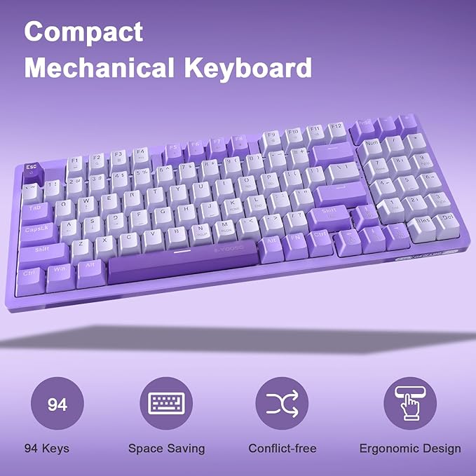 HUO JI Mechanical Gaming Keyboard USB Wired Compact with Number Pad, Purple Led Backlit, Blue Switch, Detachable Type C Cable, 94 Keys for PC/Computer/Laptop, White and Purple