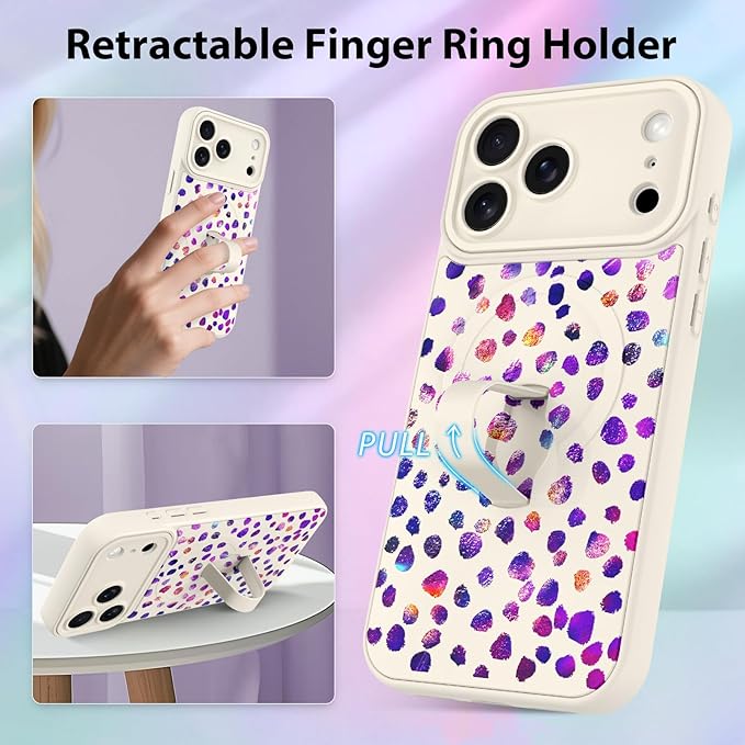 KANGHAR Compatible with iPhone 17 Pro Max Case, Support for MagSafe, Silicone Cute Iridescent Pattern Leopard Print Cheetah, Wristband Kickstand Shockproof Soft Slim Cover for Girls Women, White