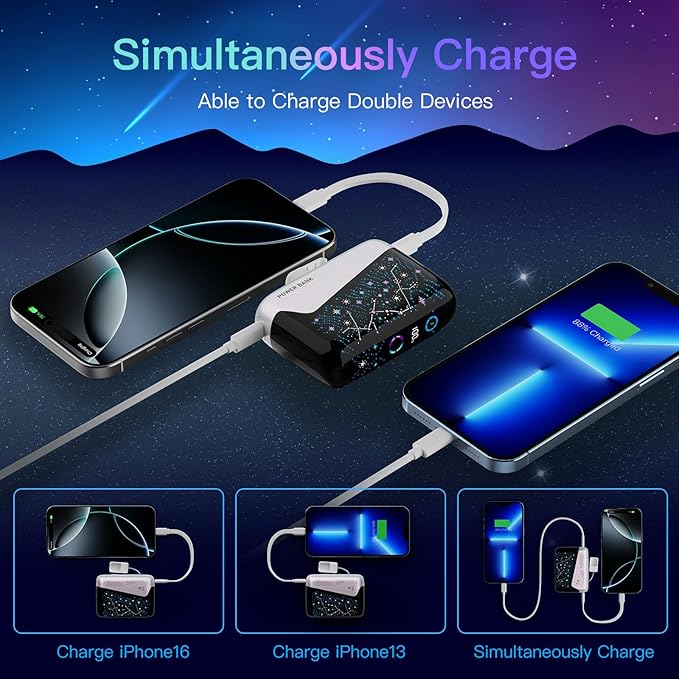 2026 "Galaxy" Portable Charger with Built in Cables, 12000mAh Portable Charger, Travel Essentials Power Supply 3A High Speed Power Bank for iPhone Samsung Pixel Moto - Gifts for Your Family & Friends