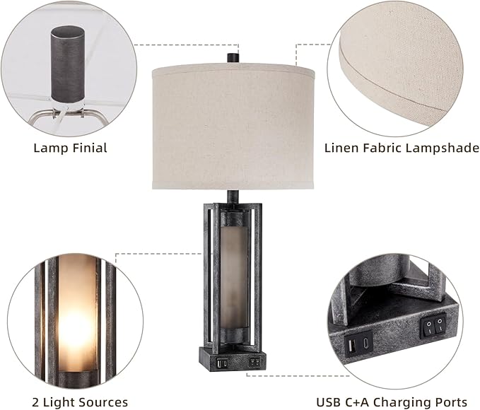 Set of 2 Industrial Table Lamps for Living Room with USB C+A, Vintage End Table Lamp for Bedroom with Gray Nightlight, Farmhouse Rustic Desk Lamp for Bedside, 4 Bulbs Included (Iron Gray)