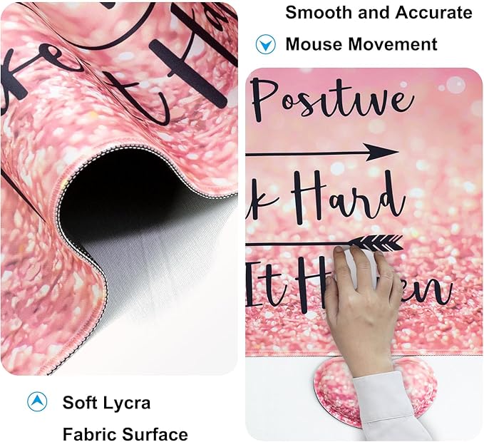 Keyboard Wrist Rest + Mouse Pad with Wrist Support + Desk Mat + Coaster 4 in 1 Set, XXL Large Gaming Mousepad Cute Ergonomic Mouse Pads for Desk Computer Laptop Office Decor-Pink Words