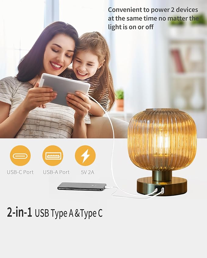 Elenhome Touch Control Small Table Lamp Set of 2, Elegant Gold Glass Bedside Lamp 3 Way Dimmable with USB C+A Charging Ports - Bedroom Nightstand & Living Room Essential, 4W Bulb Included