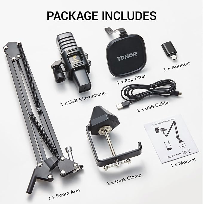 TONOR USB Microphone Kit, PC Podcast Recording Cardioid Condenser Computer Mic Set for Gaming, Streaming, Singing, Voice Over, YouTube, Studio Mic Bundle with Adjustable Arm Stand, TC30+