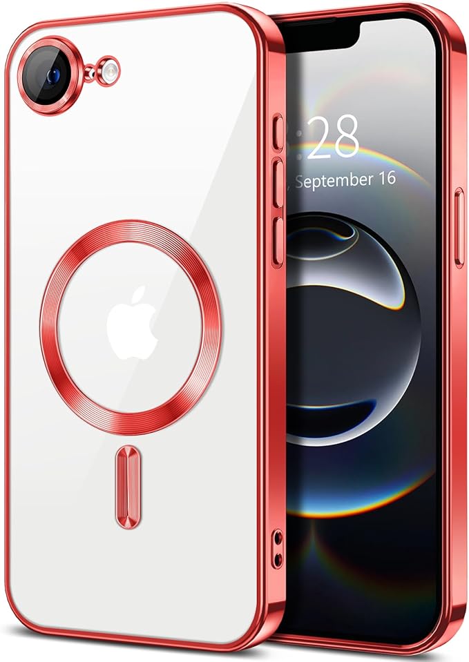 Hython Magnetic Clear for iPhone 16e Case with Camera Lens Protector [Compatible with MagSafe] Luxury Plating Edge Slim Soft TPU Cover Protective Phone Case for iPhone 16e 6.1", Red