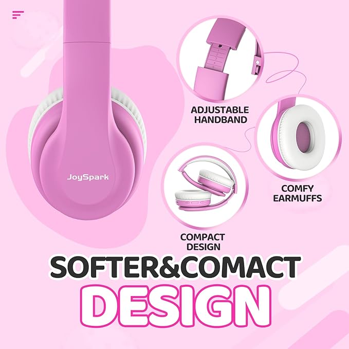 JoySpark Kids Bluetooth Headphones, Lightweight Wireless Headphones for Kids, 85/94dB Volume Limited, 60 Hours Playtime, Bluetooth 5.3, Over-Ear Toddler Headsets with Built-in Mic-Pink