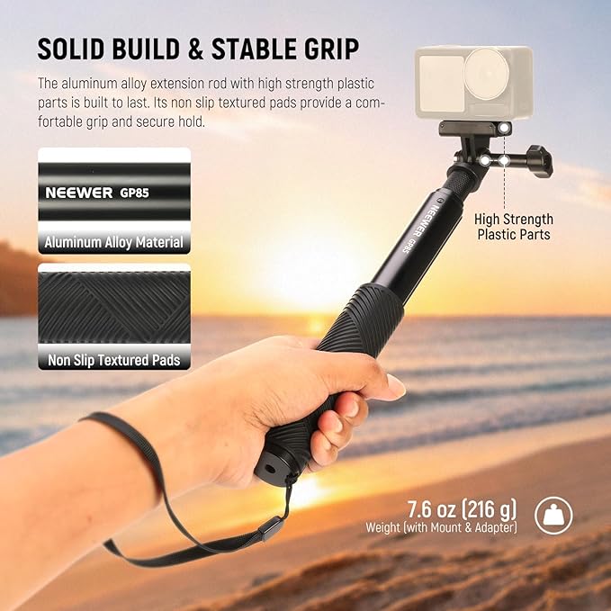 NEEWER Extension Rod Kit Compatible with DJI OSMO Action 5 Pro 4 3 GoPro Insta360 AKASO, 47.6" Invisible Selfie Stick, Action Camera Adapter & Magnetic Quick Release Mount for Video Recording, GP-85