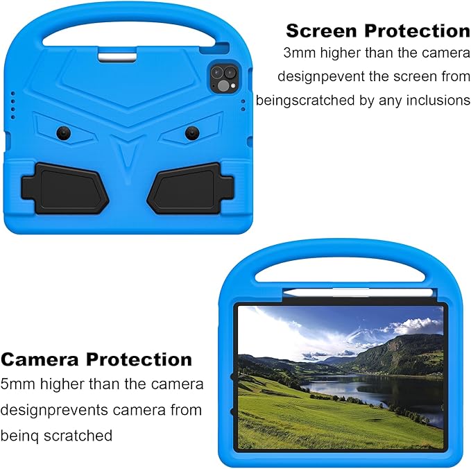 Kids Case for Apple iPad Pro 11 inch M5/M4 Tablet (2025/2024) with Pencil Holder/Handle/Kickstand Slim Lightweight Cute Soft EVA Foam Shockproof Stand Cover for Boys Girls Teens, Blue Bird