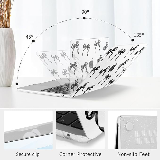 MOSISO Compatible with MacBook Air 13 inch Case M5 2026 M4 2025 M3 M2 2024-2022 A3449 A3240 A3113 A2681, 3 in 1 Kit Ribbons Bows Sparkly Plastic Hard Shell Case for MacBook Air 13.6 inch Case, Black