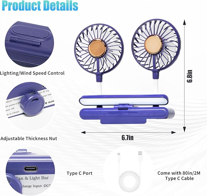 Desktop Fan with LED Lights, Monitor Clip on Fan with 2 Rotatable Heads, 3 Speeds Office Desk Fans Small Quiet Sturdy Adjustable Clamp, Strong Wind Personal Cooling Fans for Laptop, Desktop.