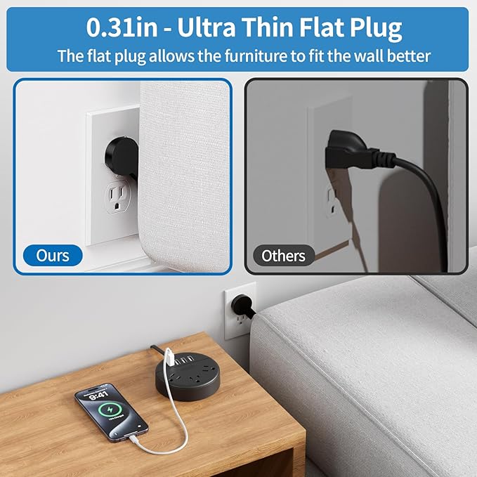 Flat Plug Power Strip, NTONPOWER 5 ft Ultra Thin Flat Extension Cord, 3 Outlet and 4 USB Ports, Wall Mountable, Compact Power Strip for Travel, Office, School, Home, Dorm Room Essentials