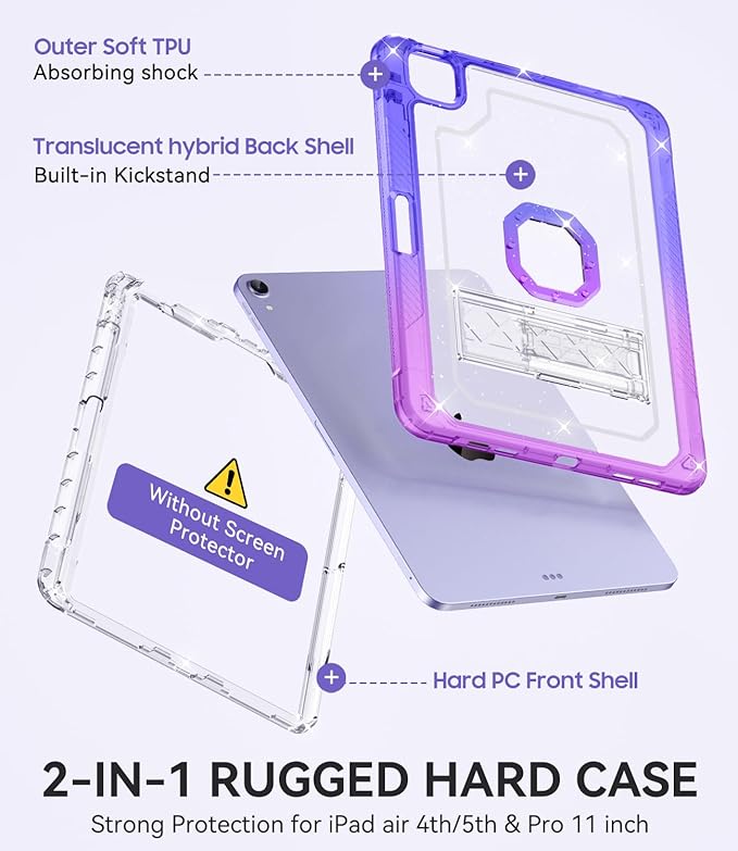 ZoneFoker Case for iPad Air 5th/4th Generation Case (2022/2020) 10.9'', for iPad Pro 11 Inch (4th/3rd/2nd/1st Gen), Hard Slim Cover for iPad Air 5 4 th with Pencil Holder/Stand, Purple to Blue Glitter