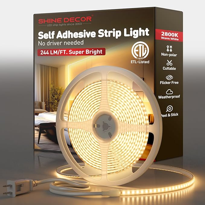 Shine Decor LED Strip Light Super Bright 4000LM, Plug&Play 120V Driverless Easy Wiring, Flicker Free Weatherproof for Outdoor Indoor, Min. 3.9” Cuttable Stickable, 2800K Warm White 16FT ETL Listed