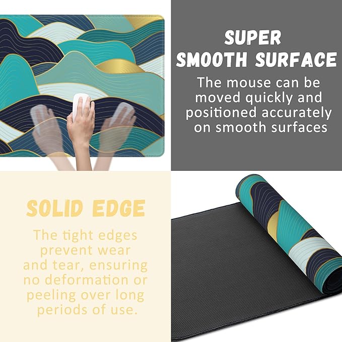 Large Mouse Pad Gold Line Wave Extended Gaming Mouse Pad Desk Mat Stitched Edges Mousepad Non-Slip Rubber Base Keyboard Pad for Laptop Computer PC 35.4 x 15.7 inches