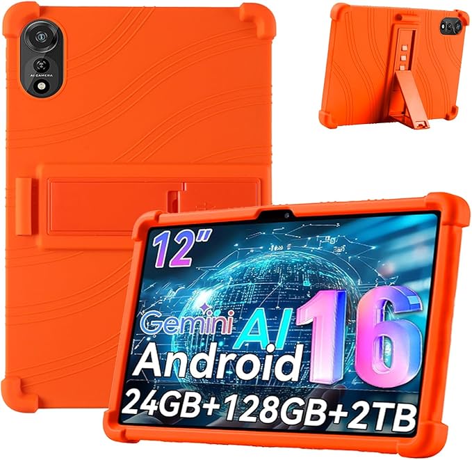 for Nexall N90 Tablet Case 12Inch, Shockproof Four Corner Airbag Protection,Soft Silicone Edge Cover with Built-in Stand,Heavy Duty Protective Sleeve for Nexall N90,Orange