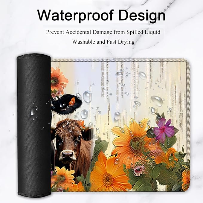 Large Mouse Pad, 31.5 x 11.8in Extended Gaming Mouse Pad with Stitched Edges, XXL Mousepad Protector Non Slip Rubber Base for Office & Home Writing Mat, Sunflowers Farmhouse Cow Pattern White Desk Mat