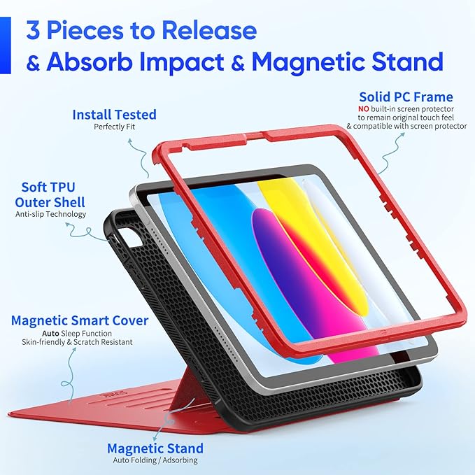 SEYMAC stock Case for iPad (A16) 11th/10th Generation 11''/10.9'', Strong Magnetic Auto Sleep Shockproof Case with Absorbing Multi-Angles Stand, Pen Holder, Card Slot (Red)