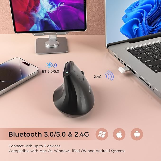 KYSONA 57° Ergonomic Wireless Tower Mouse, Vertical Quiet Ergo Mouse, Bluetooth(BT5.0,BT3.0)&2.4G, (800/1200/2400/2400/4000), 5 Buttons for Windows, macOS, iPadOS, Laptop, PC, Black