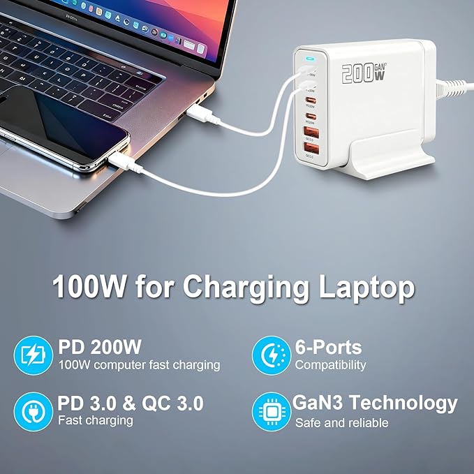 200W USB C Fast Charger, GaN Ⅲ PD 100W Charging Station, Upgraded 6-Port USB-C Fast Charging, Adapter for iPad iPhone 17 16 15 14 12, MacBook Pro, Samsung Galaxy