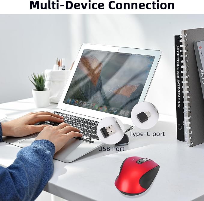 Wireless Bluetooth Mouse with USB-A, USB-C Receiver, Rechargeable, 3-Device, Full-Size, Silent Click, Ergonomic Mice for MacBook/Laptop/Computer/Tablet/PC/iPad-Red