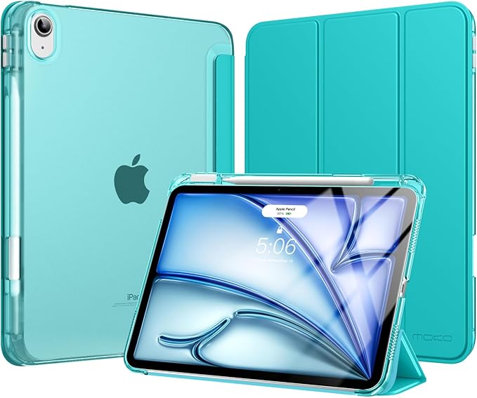 MoKo for iPad Air 11 inch Case (M4/M3/M2) 2026/2025/2024, iPad Air 5th/4th Gen 10.9 inch Case 2022/2020 with Pencil Holder, Slim Light Trifold Cover with Hard PC Translucent Back Shell, Bondi Blue