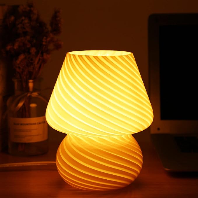BSOD Pink Mushroom Lamp,Glass Mushroom Bedside Table Lamps Translucent Murano Vintage Style Striped Small Nightstand Desklamp Swirl Light for Home Decor, Dining, Living, Bedroom, Gift (Stripe Pink)