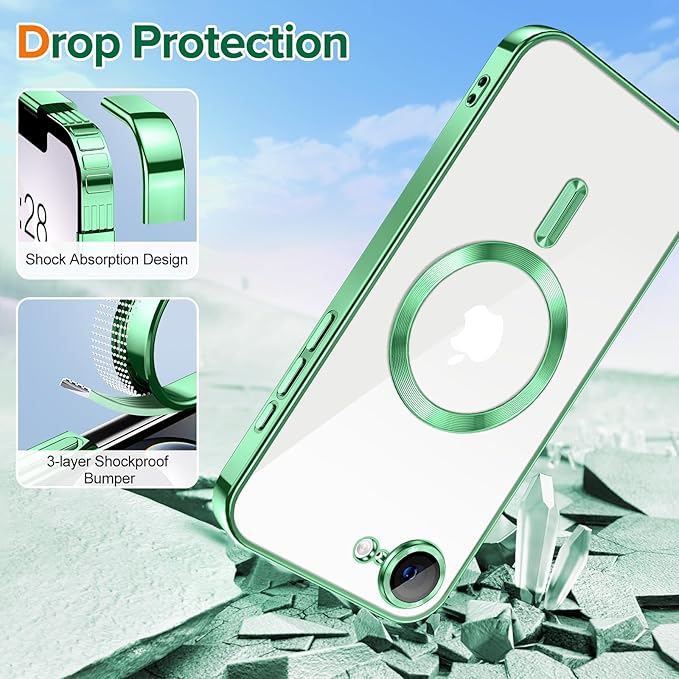 Hython Magnetic Clear for iPhone 17e Case with Camera Lens Protector [Compatible with MagSafe] Luxury Plating Edge Slim Soft TPU Cover Protective Phone Case for iPhone 17e 6.1", Light Green