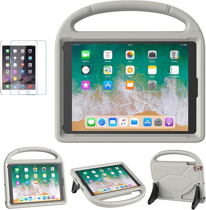 SUPLIK Kids Case for iPad 5th/6th Generation (9.7-inch, 2017/2018), iPad Air 2 Case with Screen Protector, iPad Pro 9.7 Durable Shockproof Protective Cover with Handle Stand for Kids, Gray