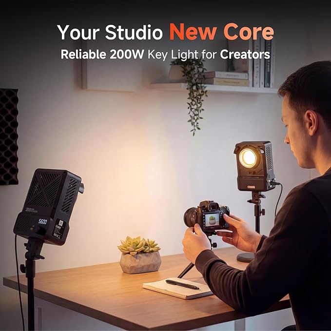 COLBOR 200W LED Video Light, Built-in Power Adapter Design, Bi-Color 2700K-7000K COB Studio Light with Bowens Mount, CRI 96+, Key Light for Live Streaming, Video Recording, YouTube, TikTok