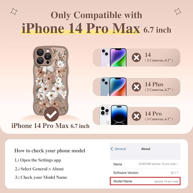 GVIEWIN for iPhone 14 Pro Max Case Compatible with MagSafe [Curly Wave Edge][Full Camera Protection] Floral Translucent Shockproof Magnetic Women Phone Case for 14 Pro Max, Dogwood/Brown