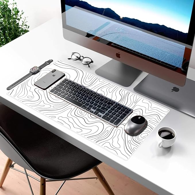 HGWALP Large Gaming Mouse Pad Extended XXL Mouse Mat Long Desk Pad with Stitched Edges for Keyboard Home Office Gaming Work Big Desk Pad (35.4x15.7x0.12IN, 90x40),White Topographic