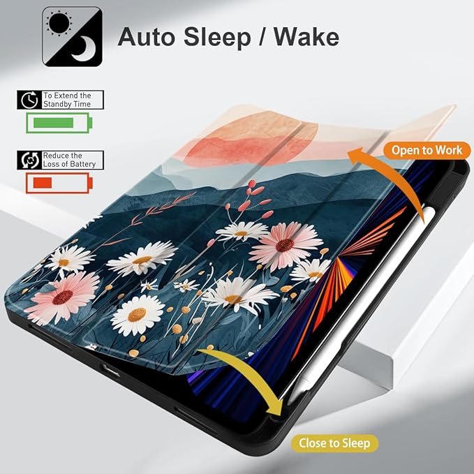 DONGKE Case for 2022/2021/2020/2018 iPad Pro 11 inch Gen 4/3/2/1 - Slim Protective Case - Built in Pencil Holder Support Charging - Trifold Stand & Sleep/Wake Cover - Daisie