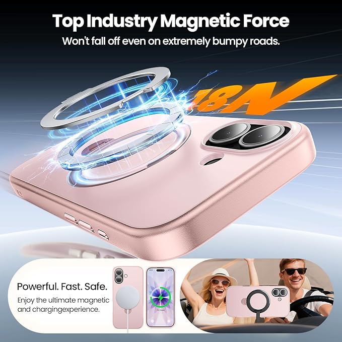 360°Ring Stand for iPhone 17 Case, Compatible with MagSafe, Military-Grade Protective,Anti-Yellowing, Scratch-Resistant Back Cover Phone Case for iPhone 17 6.3", Light Pink