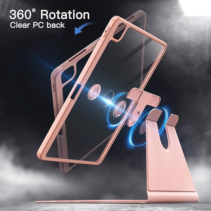 JETech Rotating Case for iPad Pro 12.9-Inch (2022/2021/2020/2018) with Pencil Holder, 360 Degree Rotation Protective Stand Cover Clear Back, Auto Wake/Sleep (Rose Gold)