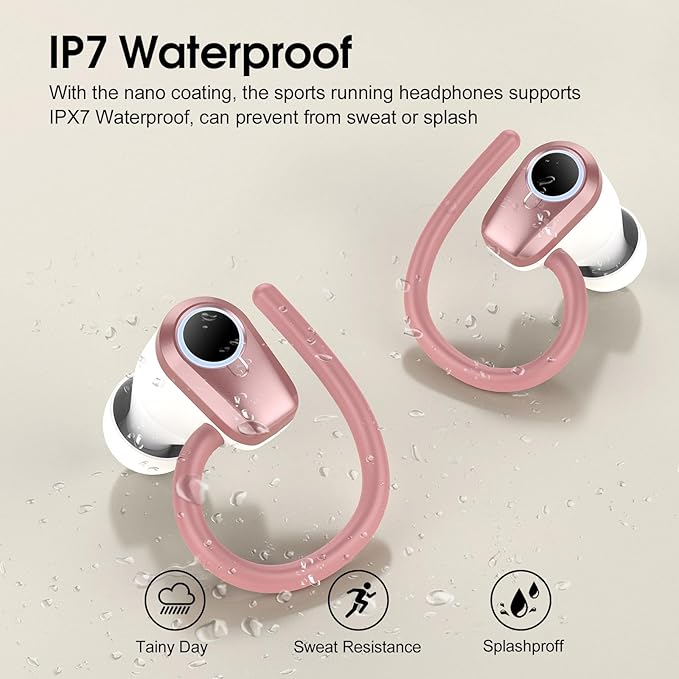 Wireless Earbuds, 2023 Bluetooth Headphones 5.3 Sport, 50H Ear buds with Earhooks, Dual LED DisplayBluetooth Earbuds, Stereo Noise Cancelling Headphones, IP7 Waterproof Running Earphones, Rose Gold