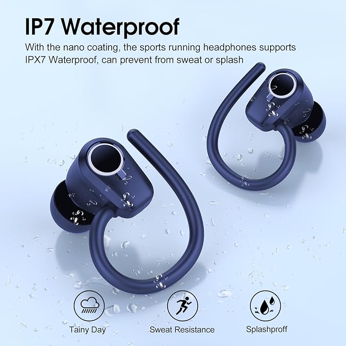 Wireless Earbuds, 2023 Bluetooth Headphones 5.3 Sport, 50H Ear buds with Earhooks, Dual LED DisplayBluetooth Earbuds, Stereo Noise Cancelling Headphones, IP7 Waterproof Running Earphones, Deep Blue