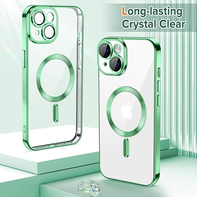 Hython Magnetic Clear for iPhone 15 Plus Case with Camera Lens Protector [Compatible with MagSafe] Luxury Plating Edge Slim Soft TPU Cover Protective Phone Case for iPhone 15 Plus 6.7", Light Green