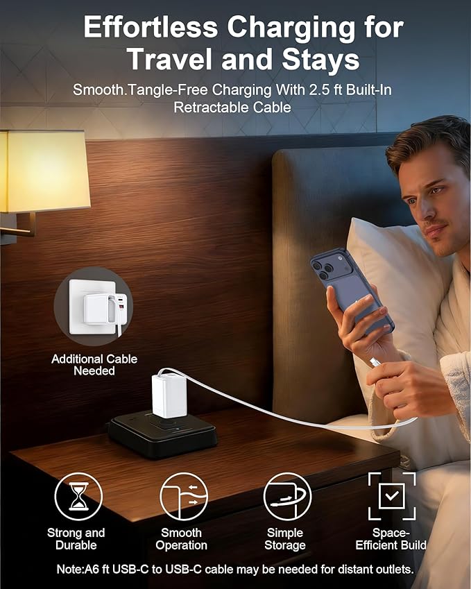 35w Retractable iPhone Wall Charger USB C, 3-in-1 Fast Charging Block with Built-in Retractable Cable, USB-C & USB-A Multi Ports, Foldable Plug Travel Ac Power Adapter for Apple 17e 17 Pro 16e 16 15