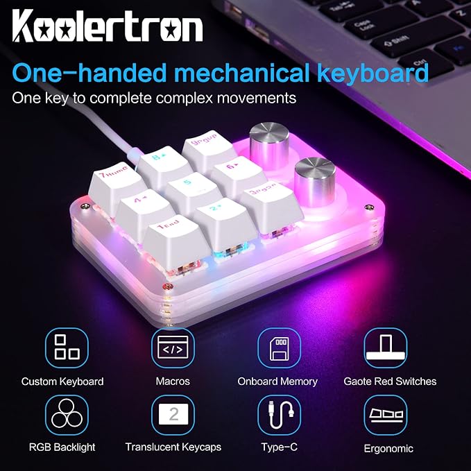 Koolertron 9-Key Mechanical Numpad with 2 Programmable Knobs, LED Backlit Macro Gaming Keyboard, Fully Customizable Numeric Keypad for PC