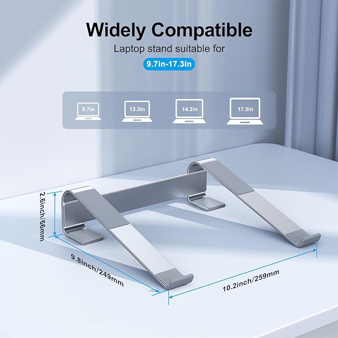 MOKURU Laptop Stand for Desk, Aluminum Laptop Riser, Ergonomic Computer Stand Compatible with for MacBook Pro/Air, Dell, HP, Lenovo, 10-17.3'' (Silver)