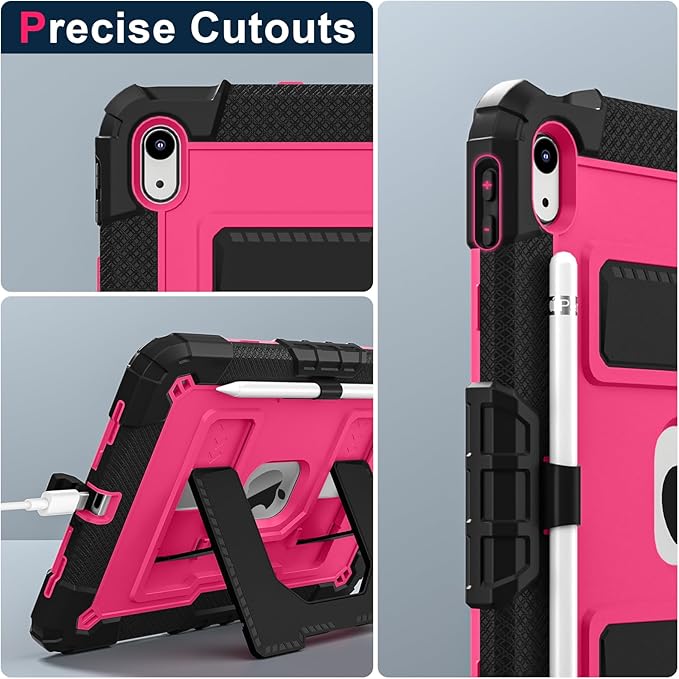 Kids Friendly Case for iPad A16 11th Generation 11 Inch 2025 / iPad 10th Generation 10.9" 2022 Case with Pencil Holder & Shoulder Strap, Hybrid iPad 11 10 Cover Rugged Shockproof Kickstand,Black+Rose