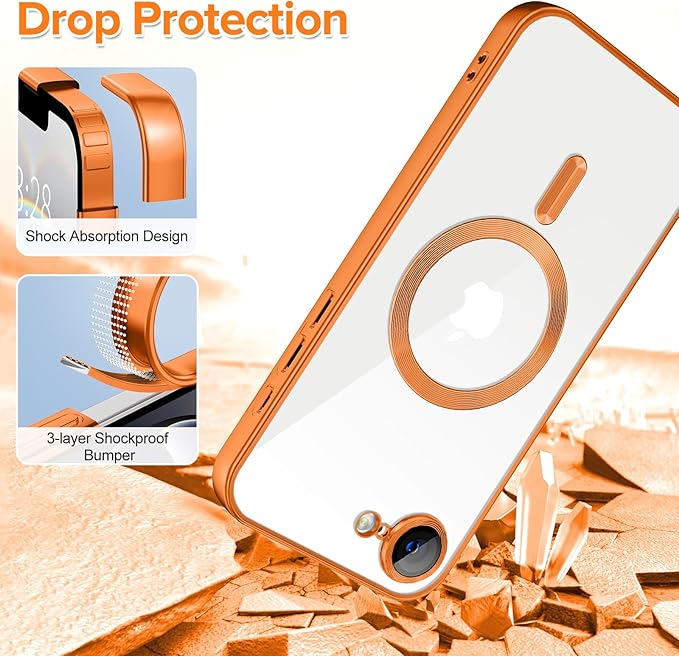 Hython Magnetic Clear for iPhone 16e Case with Camera Lens Protector [Compatible with MagSafe] Luxury Plating Edge Slim Soft TPU Cover Protective Phone Case for iPhone 16e 6.1", Matte Orange