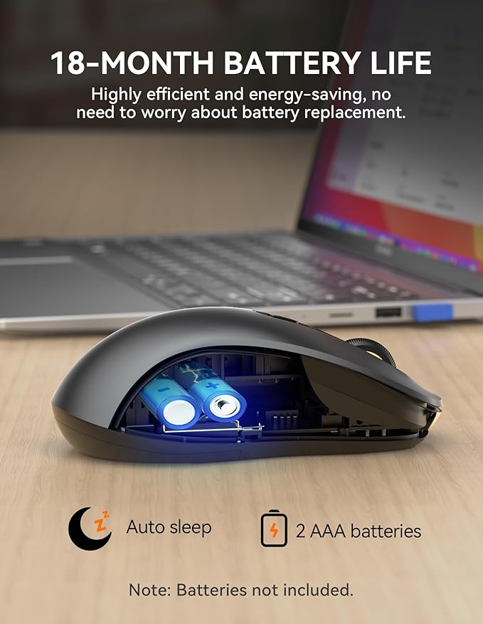 TECKNET Bluetooth Mouse, [ USB + BT1 + BT2 ] Wireless Mouse for Laptop, Silent Click, Ergonomic Design, 4800 DPI Computer Mice Wireless, Dual Mode for Laptop, Computer, iPad, MacBook