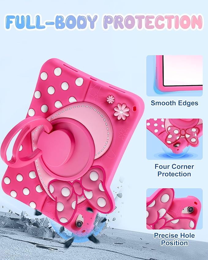Boaretiu Kids Case for iPad A16 11th Generation 11 Inch 2025/for iPad 10th Gen 2022 10.9 Inch - Cute Girly Cartoon Soft 3D Silicone Cover with Strap & Rotating Stand for Girls Teens, Bow Heart