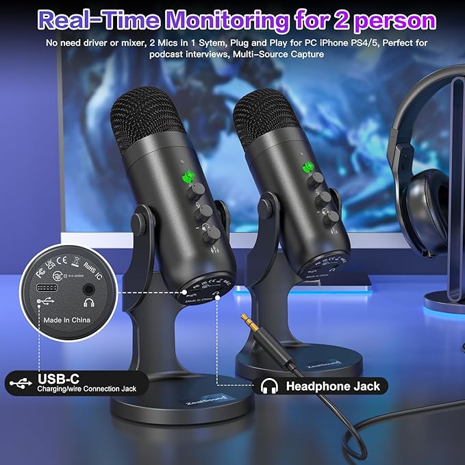 ZealSound Podcast Microphone, Podcast Equipment Bundle for iPhone PC iPad Android, Dual Wireless USB Mic 2.4GHz with Noise Reduction, Tap to Mute, Monitor Gain for Streaming, Recording, YouTube,TikTok