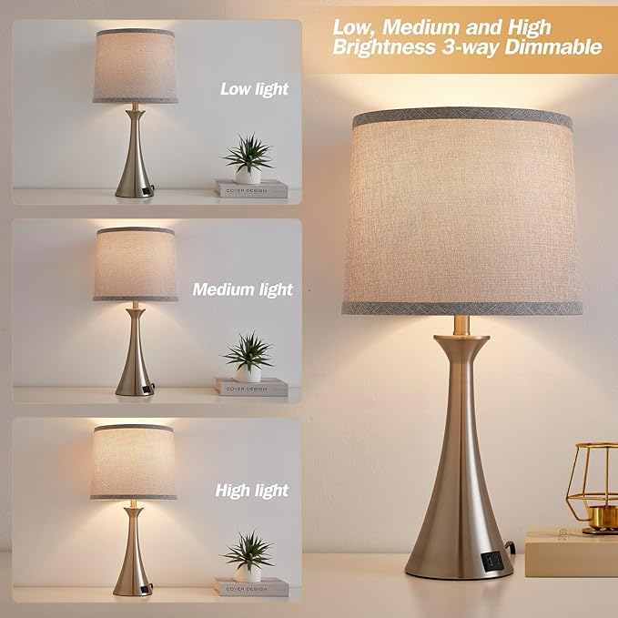 Touch Lamp for Living Room Bedroom, 21" Table Lamps Set of 2 with USB C+A Ports and Grey Lamp Shades, Touch Bedside Lamps for Nightstand with 3 Way Dimmable, 2 LED Bulbs Included, Silver