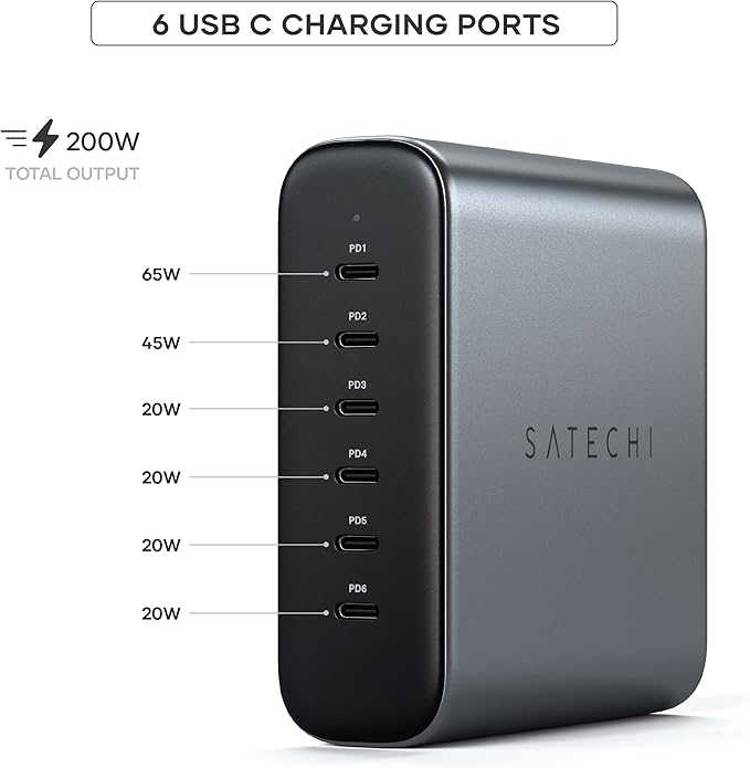 Satechi 200W 6-Port GaN Charging Station, 2 140W USB-C and 4 USB-C, Fast Charging Travel Charger for Multiple Devices, for MacBook Air/Pro/Neo, iPad Air/Pro, iPhone 17, Thunderbolt Devices
